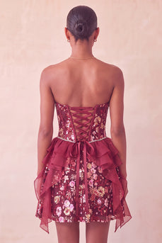 Sparkly Red Floral Corset Sequin Ruffled Short Cocktail Dress