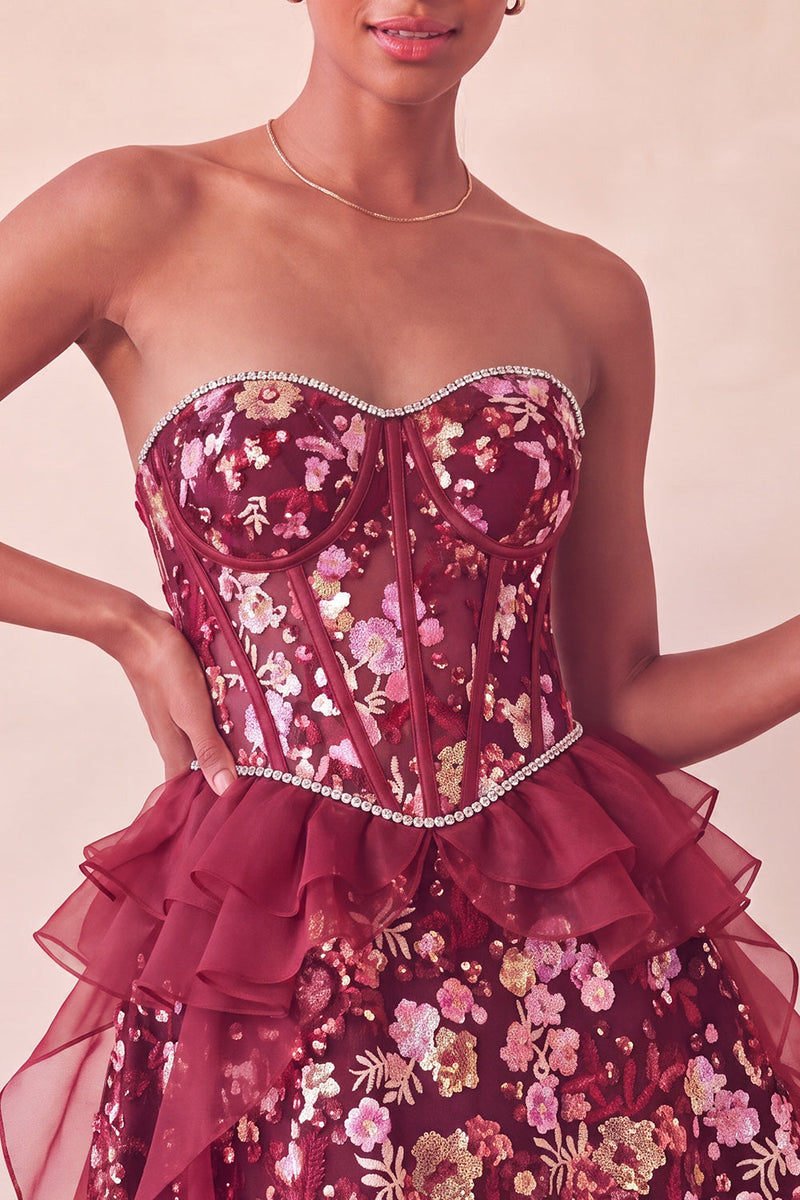 Load image into Gallery viewer, Sparkly Red Floral Corset Sequin Ruffled Short Cocktail Dress