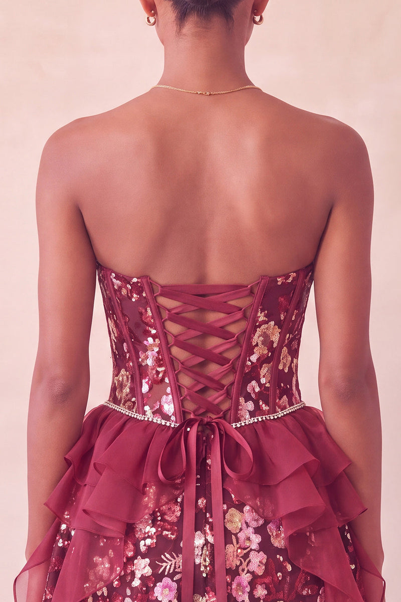 Load image into Gallery viewer, Sparkly Red Floral Corset Sequin Ruffled Short Cocktail Dress