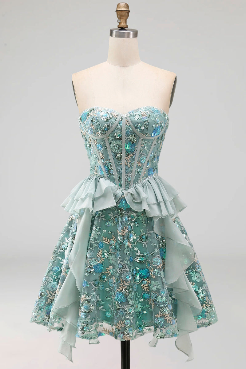Load image into Gallery viewer, Sparkly Red Floral Corset Sequin Ruffled Short Cocktail Dress
