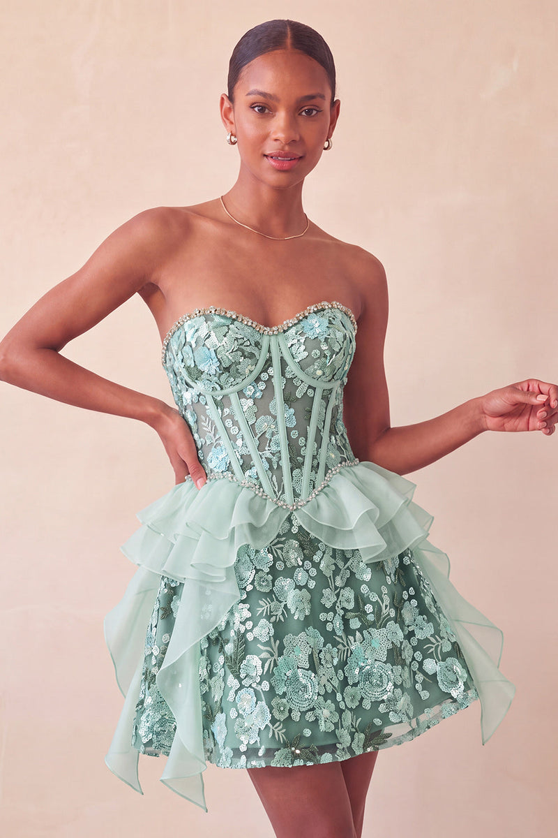 Load image into Gallery viewer, Sparkly Red Floral Corset Sequin Ruffled Short Cocktail Dress