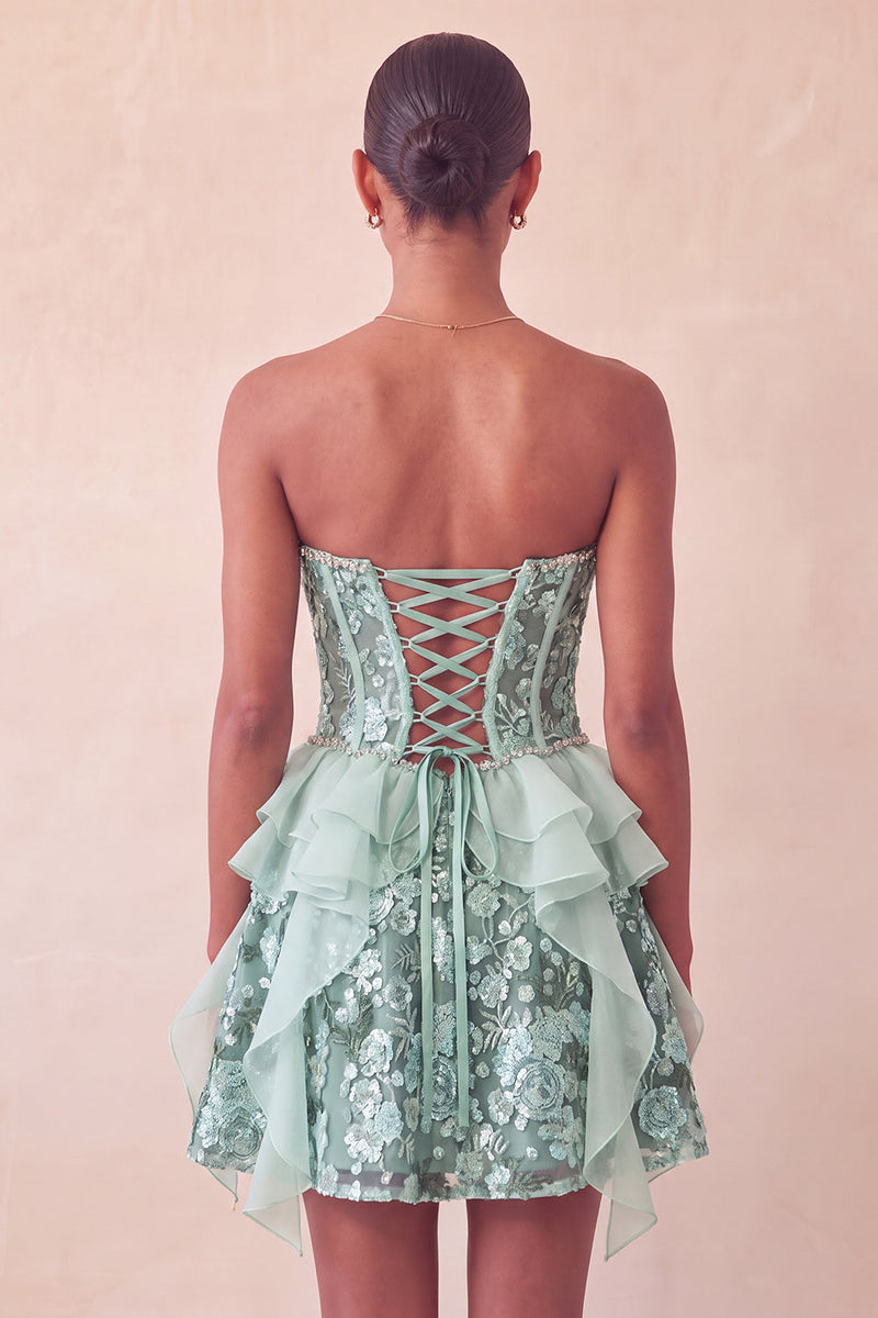 Load image into Gallery viewer, Sparkly Red Floral Corset Sequin Ruffled Short Cocktail Dress
