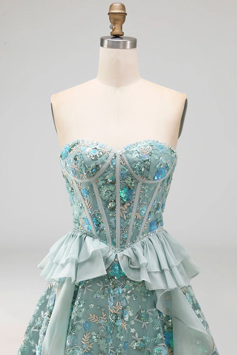 Load image into Gallery viewer, Sparkly Red Floral Corset Sequin Ruffled Short Cocktail Dress