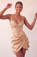 Load image into Gallery viewer, Champagne Satin Beaded Tight Short Corset Cocktail Dress with Sash