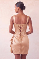 Load image into Gallery viewer, Champagne Satin Beaded Tight Short Corset Cocktail Dress with Sash