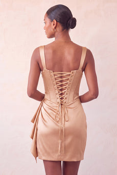 Champagne Satin Beaded Tight Short Corset Cocktail Dress with Sash