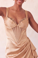 Load image into Gallery viewer, Champagne Satin Beaded Tight Short Corset Cocktail Dress with Sash