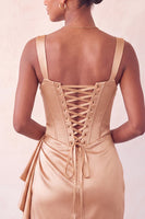 Load image into Gallery viewer, Champagne Satin Beaded Tight Short Corset Cocktail Dress with Sash