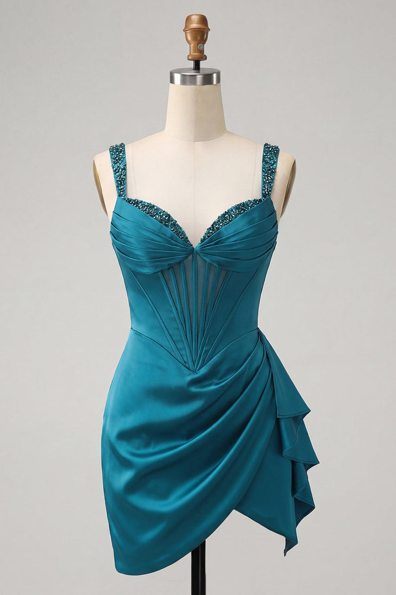 Load image into Gallery viewer, Champagne Satin Beaded Tight Short Corset Cocktail Dress with Sash