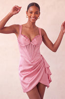Load image into Gallery viewer, Champagne Satin Beaded Tight Short Corset Cocktail Dress with Sash