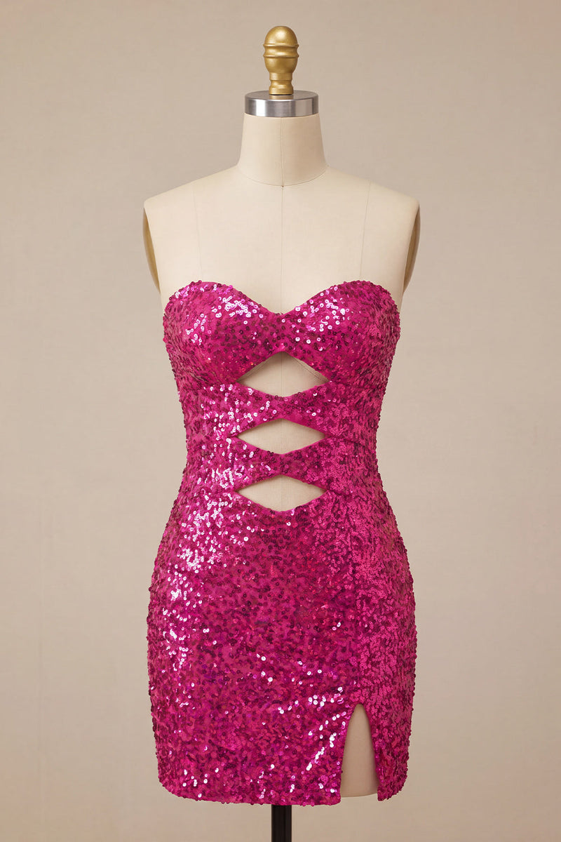 Load image into Gallery viewer, Sparkly Silver Sequin Keyhole Tight Short Homecoming Dress with Slit