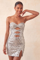 Load image into Gallery viewer, Sparkly Silver Sequin Keyhole Tight Short Homecoming Dress with Slit