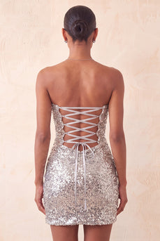 Sparkly Silver Sequin Keyhole Tight Short Homecoming Dress with Slit