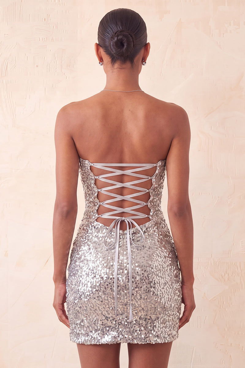 Load image into Gallery viewer, Sparkly Silver Sequin Keyhole Tight Short Homecoming Dress with Slit