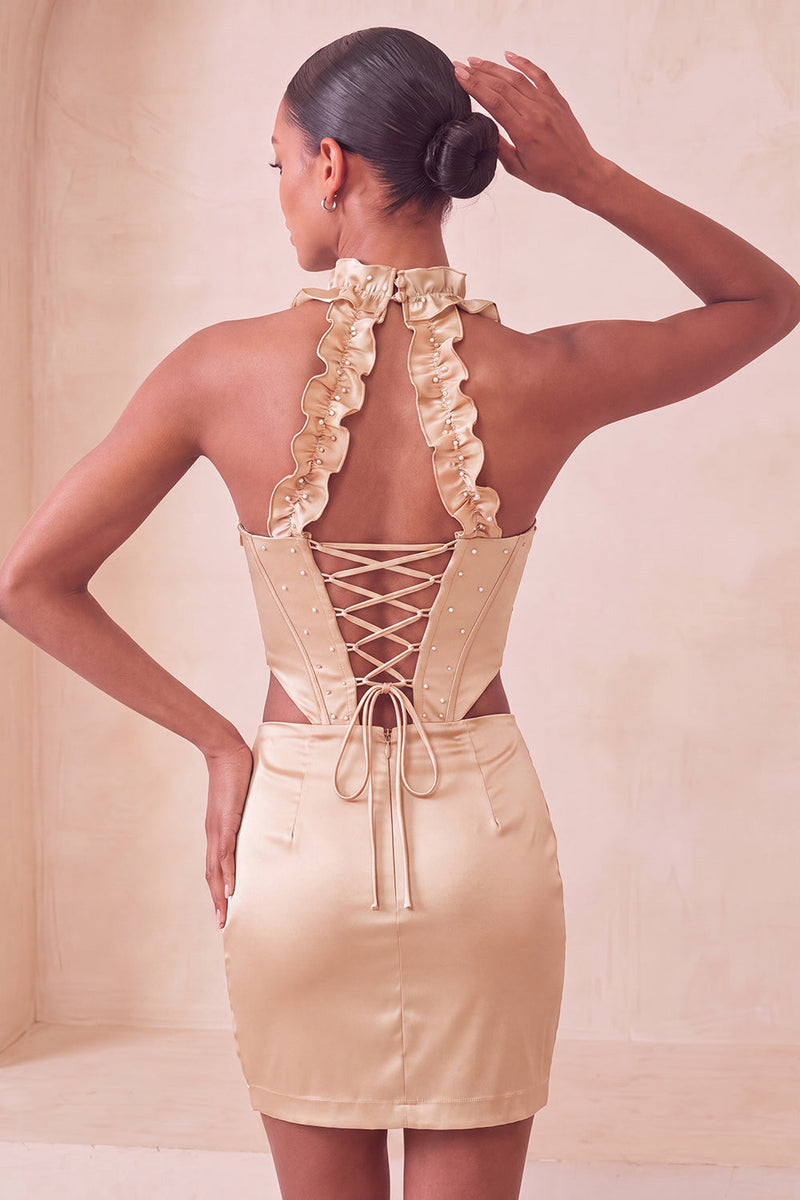 Load image into Gallery viewer, Sky Blue Corset Ruffled Beaded Halter Tight Short Cocktail Dress