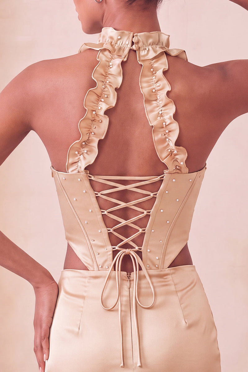 Load image into Gallery viewer, Sky Blue Corset Ruffled Beaded Halter Tight Short Cocktail Dress