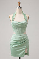 Load image into Gallery viewer, Sky Blue Corset Ruffled Beaded Halter Tight Short Cocktail Dress