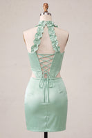 Load image into Gallery viewer, Sky Blue Corset Ruffled Beaded Halter Tight Short Cocktail Dress