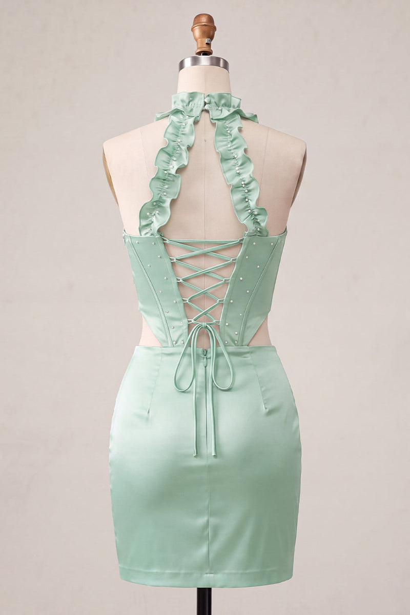 Load image into Gallery viewer, Sky Blue Corset Ruffled Beaded Halter Tight Short Cocktail Dress