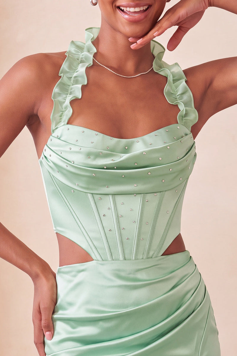 Load image into Gallery viewer, Sky Blue Corset Ruffled Beaded Halter Tight Short Cocktail Dress