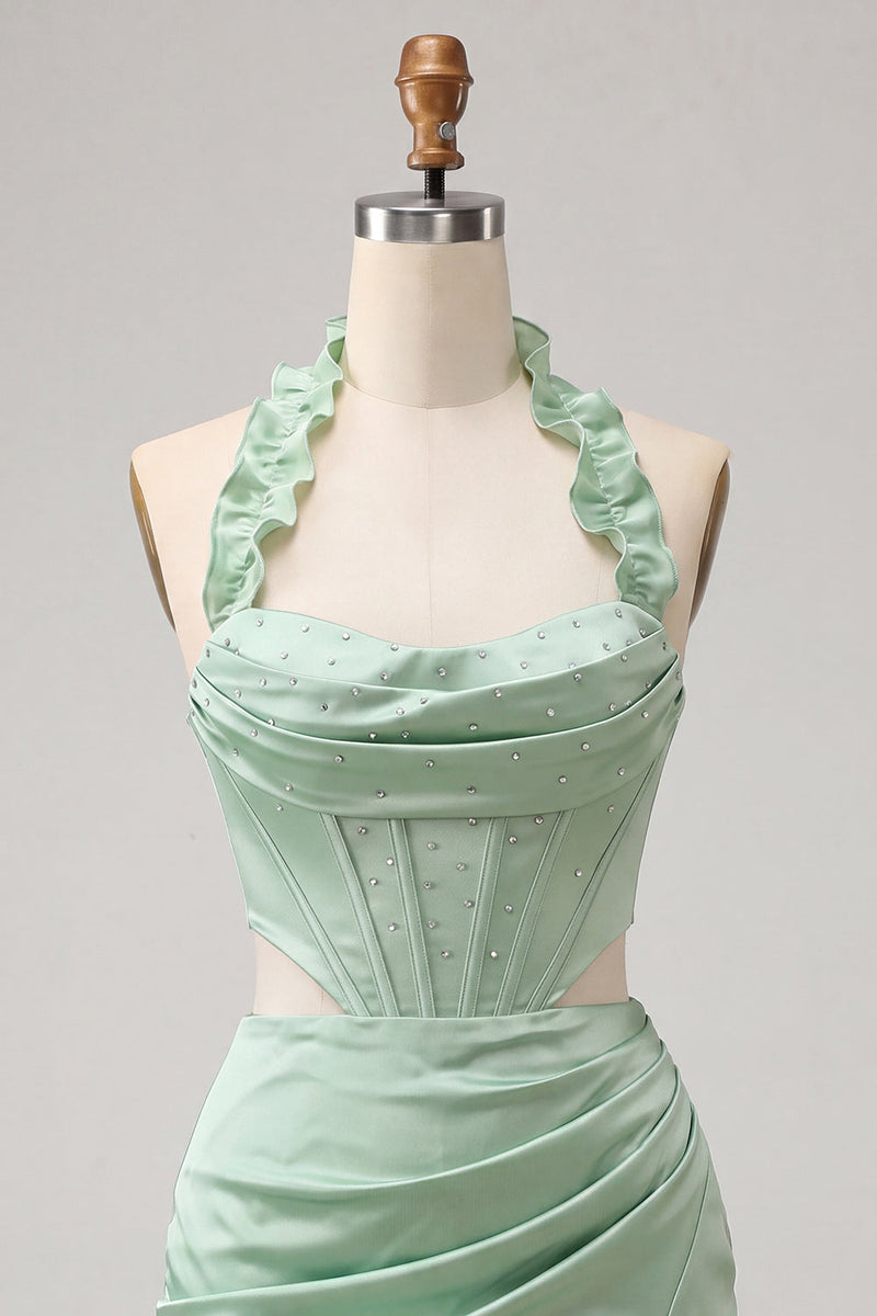 Load image into Gallery viewer, Sky Blue Corset Ruffled Beaded Halter Tight Short Cocktail Dress