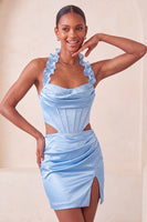 Load image into Gallery viewer, Sky Blue Corset Ruffled Beaded Halter Tight Short Cocktail Dress