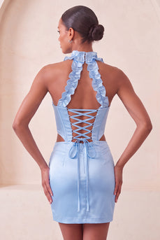 Sky Blue Corset Ruffled Beaded Halter Tight Short Cocktail Dress