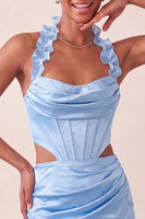 Load image into Gallery viewer, Sky Blue Corset Ruffled Beaded Halter Tight Short Cocktail Dress