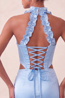 Load image into Gallery viewer, Sky Blue Corset Ruffled Beaded Halter Tight Short Cocktail Dress