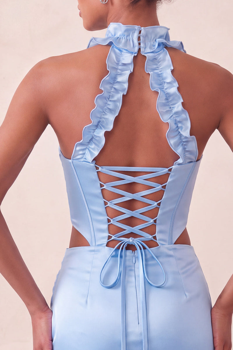 Load image into Gallery viewer, Sky Blue Corset Ruffled Beaded Halter Tight Short Cocktail Dress