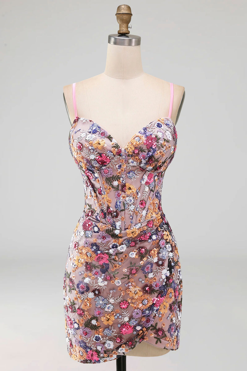 Load image into Gallery viewer, Sparkly Floral Red Sequin Corset Tight Short Cocktail Dress