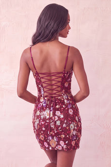 Sparkly Floral Red Sequin Corset Tight Short Cocktail Dress
