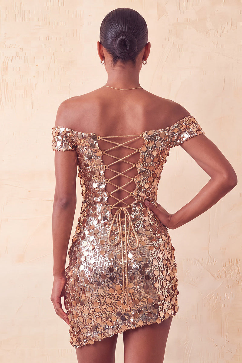 Load image into Gallery viewer, Sparkly Red Sequin Off The Shoulder Short Tight Cocktail Dress
