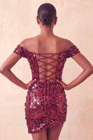 Load image into Gallery viewer, Sparkly Red Sequin Off The Shoulder Short Tight Cocktail Dress