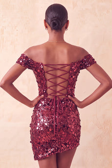 Sparkly Red Sequin Off The Shoulder Short Tight Cocktail Dress