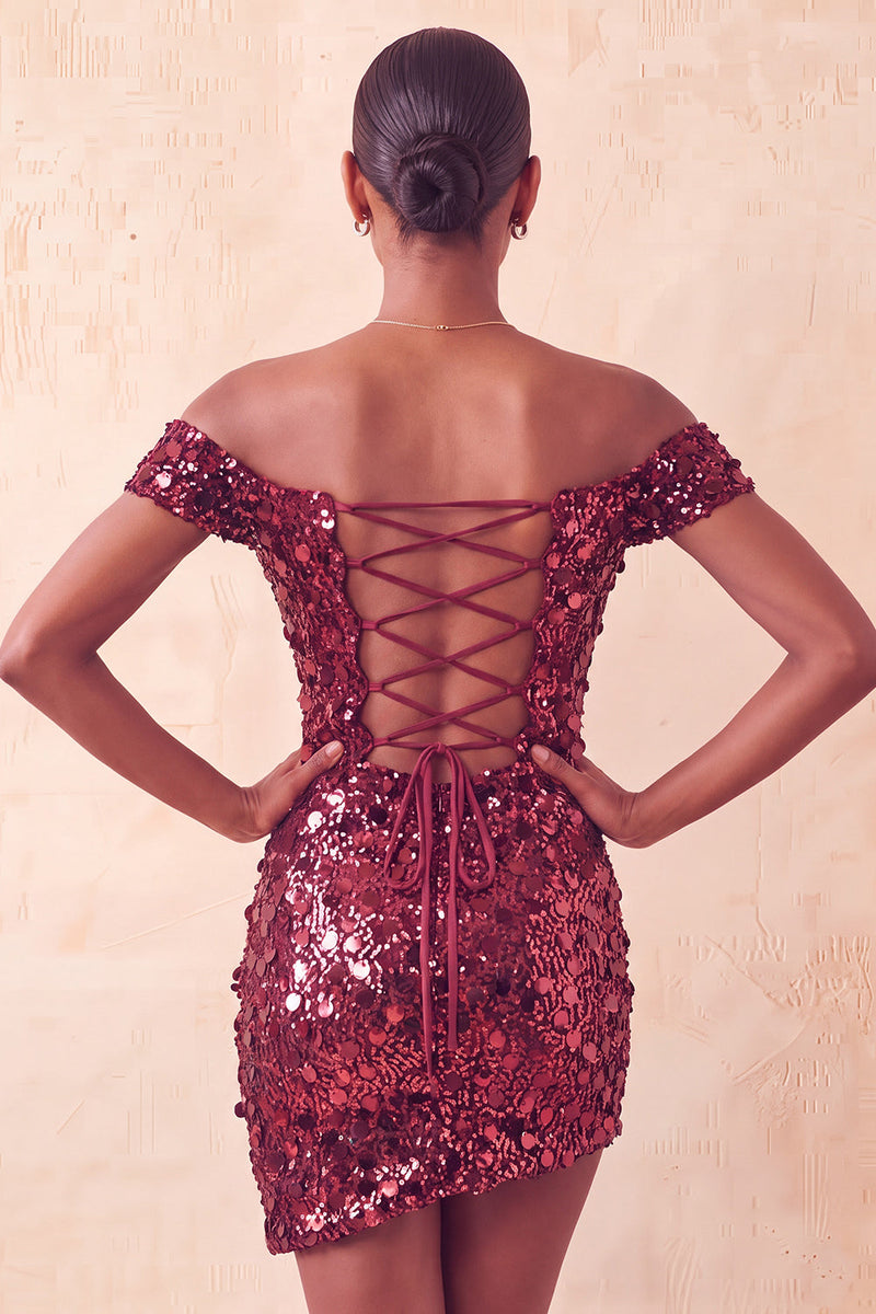 Load image into Gallery viewer, Sparkly Red Sequin Off The Shoulder Short Tight Cocktail Dress