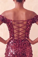 Load image into Gallery viewer, Sparkly Red Sequin Off The Shoulder Short Tight Cocktail Dress