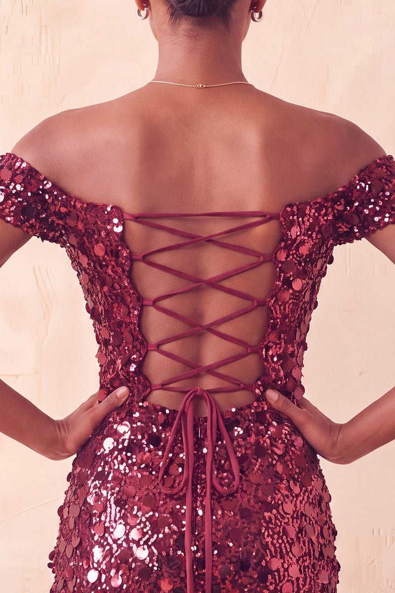 Load image into Gallery viewer, Sparkly Red Sequin Off The Shoulder Short Tight Cocktail Dress