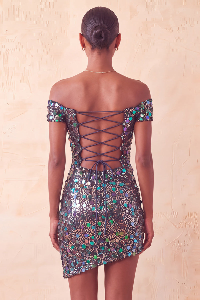 Load image into Gallery viewer, Sparkly Red Sequin Off The Shoulder Short Tight Cocktail Dress