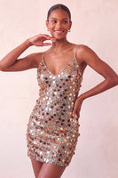 Load image into Gallery viewer, Sparkly Champagne Sequin Spaghetti Straps Tight Short Cocktail Dress