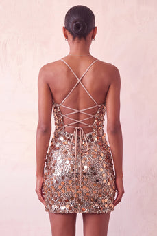 Sparkly Champagne Sequin Spaghetti Straps Tight Short Cocktail Dress