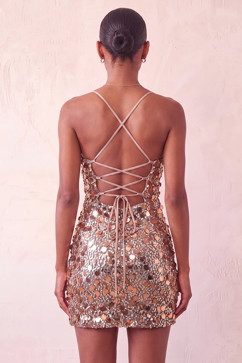 Load image into Gallery viewer, Sparkly Champagne Sequin Spaghetti Straps Tight Short Cocktail Dress