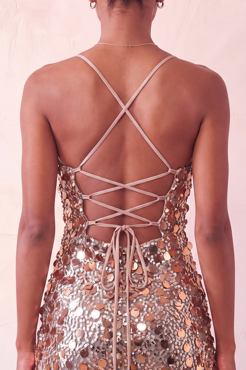 Load image into Gallery viewer, Sparkly Champagne Sequin Spaghetti Straps Tight Short Cocktail Dress