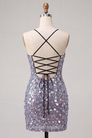 Load image into Gallery viewer, Sparkly Champagne Sequin Spaghetti Straps Tight Short Cocktail Dress