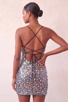 Load image into Gallery viewer, Sparkly Champagne Sequin Spaghetti Straps Tight Short Cocktail Dress