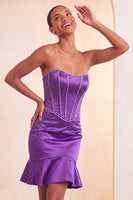 Load image into Gallery viewer, Purple Satin Beaded Ruffled Tight Short Corset Cocktail Dress