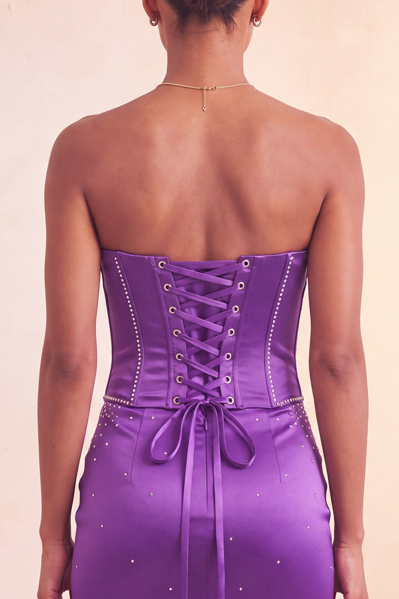Load image into Gallery viewer, Purple Satin Beaded Ruffled Tight Short Corset Cocktail Dress