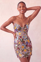 Load image into Gallery viewer, Sparkly Floral Pink Corset Sequin Tight Short Cocktail Dress