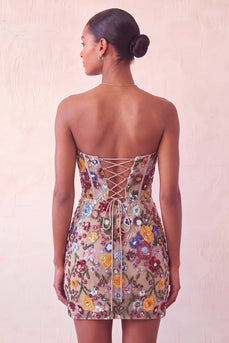 Sparkly Floral Pink Corset Sequin Tight Short Cocktail Dress
