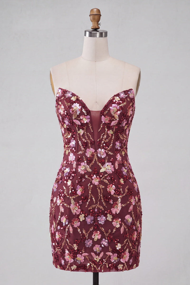 Load image into Gallery viewer, Sparkly Floral Pink Corset Sequin Tight Short Cocktail Dress